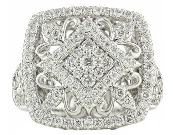 18K WHITE GOLD ROUND DIAMOND FANCY FILIGREE DESIGN CUSHION TOP RING