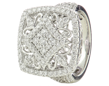 18K WHITE GOLD ROUND DIAMOND FANCY FILIGREE DESIGN CUSHION TOP RING