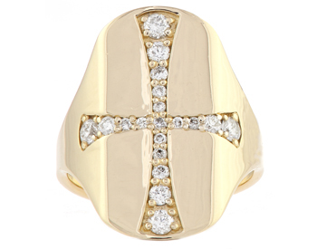 14K YELLOW GOLD DIAMOND AND CROSS DESIGN SIGNET RING 