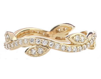 14K YELLOW GOLD LEAF AND VINE DESIGN ROUND DIAMOND STACK BAND