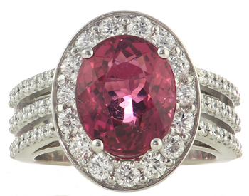 14K WHITE GOLD OVAL RUBELITE AND DIAMOND HALO RING