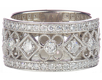 14K WHITE GOLD PAVE DIAMOND FILIGREE SQUARE AND FLOWER DESIGN BAND