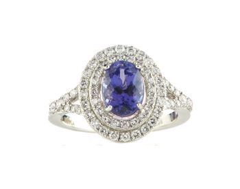 18K WHITE GOLD OVAL TANZANITE AND DOUBLE HALO DESIGN RING