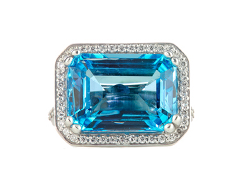 14K WHITE GOLD HORIZONTAL SET BLUE TOPAZ AND PAVE DIAMOND RING