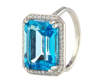 14K WHITE GOLD HORIZONTAL SET BLUE TOPAZ AND PAVE DIAMOND RING