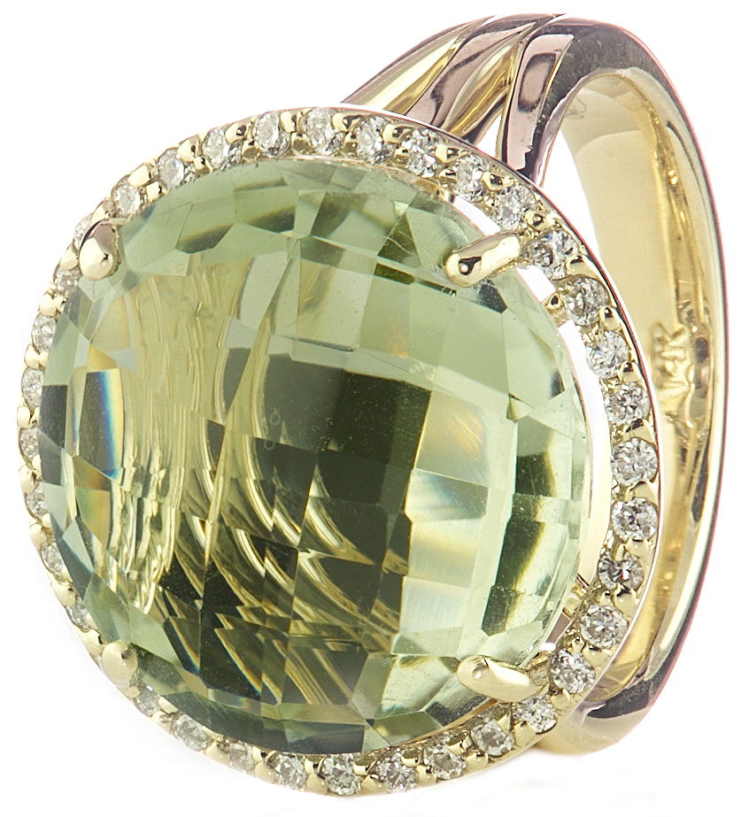 14K YELLOW GOLD ROUND LIME QUARTZ AND DIAMOND HALO RING