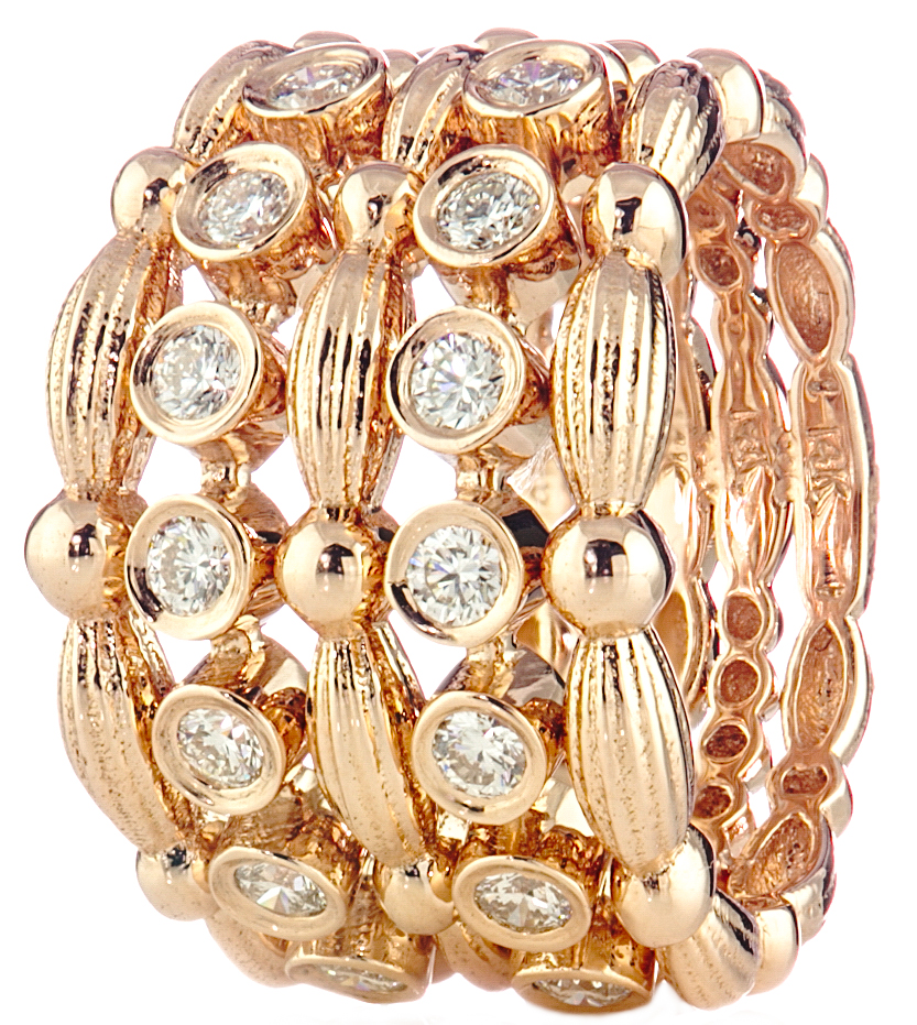 14K ROSE GOLD 5 ROW FANCY BEZEL SET DIAMOND RING